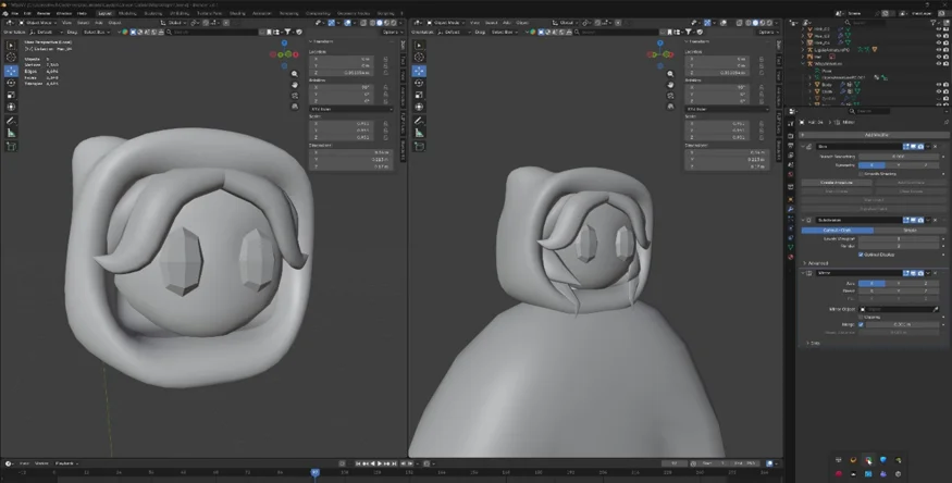 A Blender screenshot of a hooded companion character.