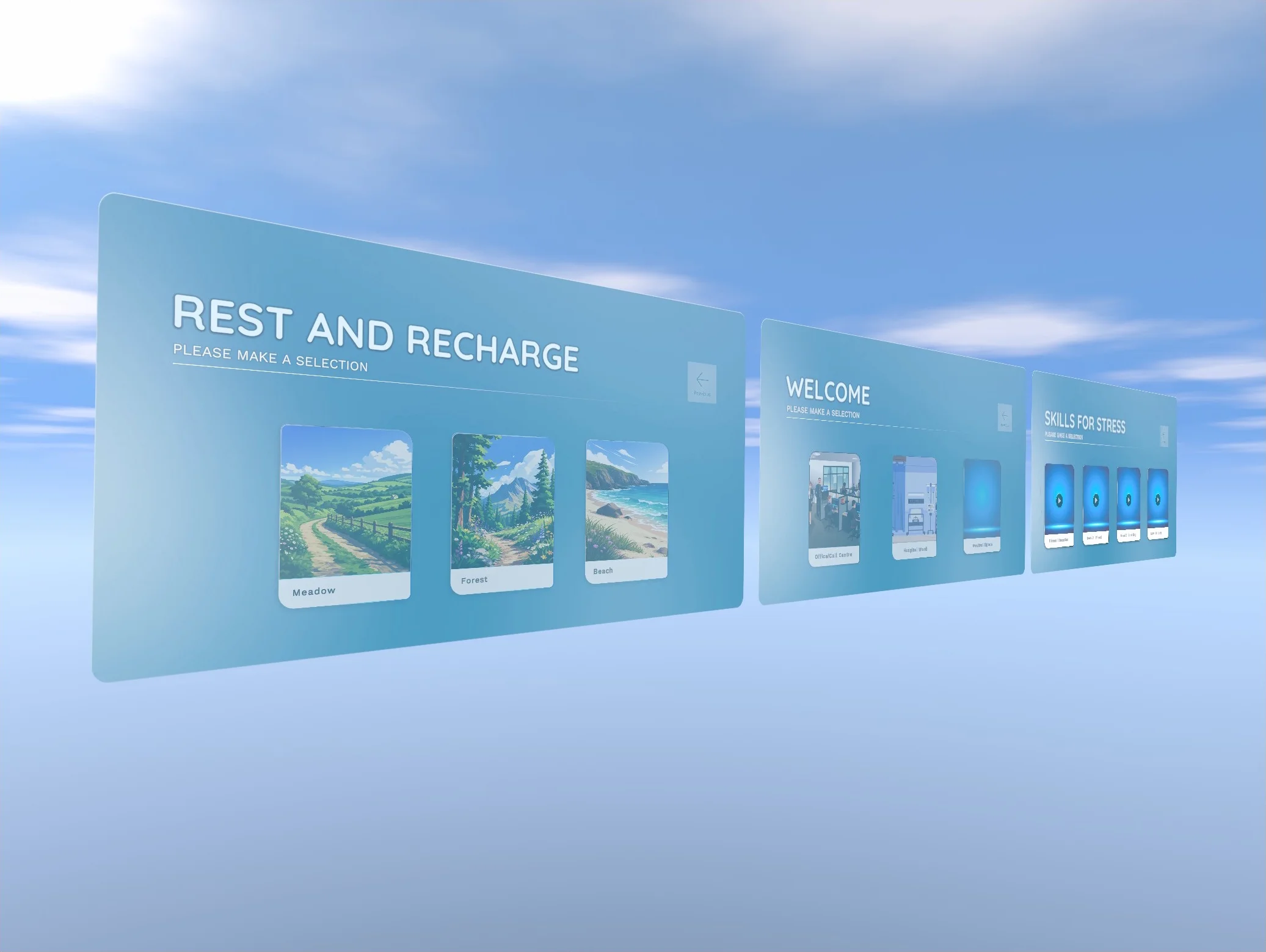 A screenshot showcasing 3 of the app's menus floating in 3D space.